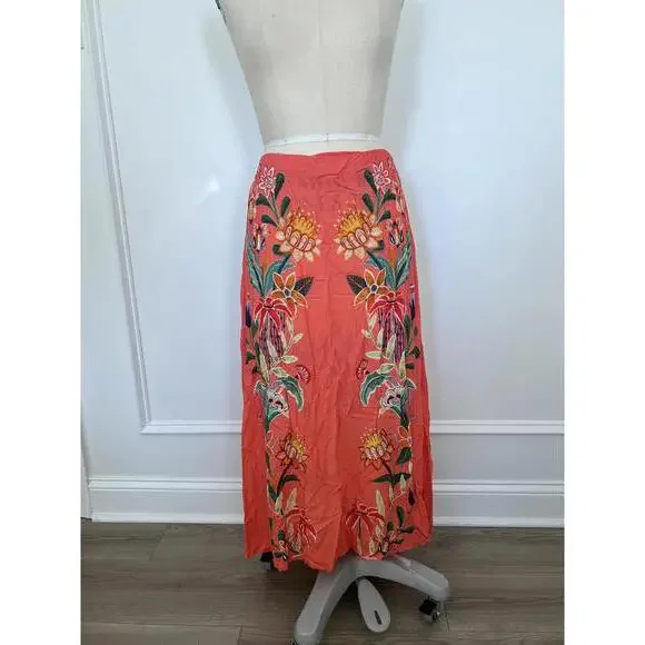 Farm Rio - Coral Floral Midi Skirt with Vibrant Print, Size M - Picture 4 of 10